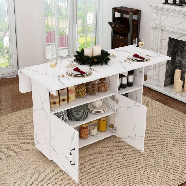 Wishdor Opklapbare eettafel met twee klapbladen - Vijf wielen, vier met rem - Kastvak en open legplanken - Modern voor keuken, woning en kantoor - MDF - Wit met marmerlook - 110 x 70 x 80 cm