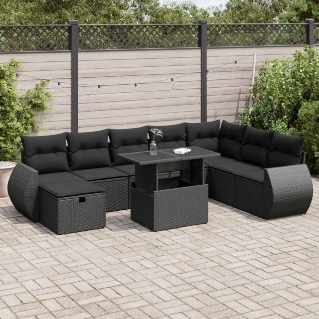 vidaXL 9-delige Loungeset met kussens poly rattan zwart, foto 2