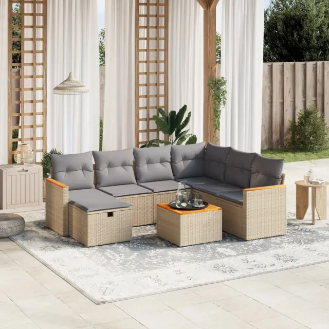 vidaXL 8-delige Loungeset met kussens poly rattan gemengd beige, foto 2