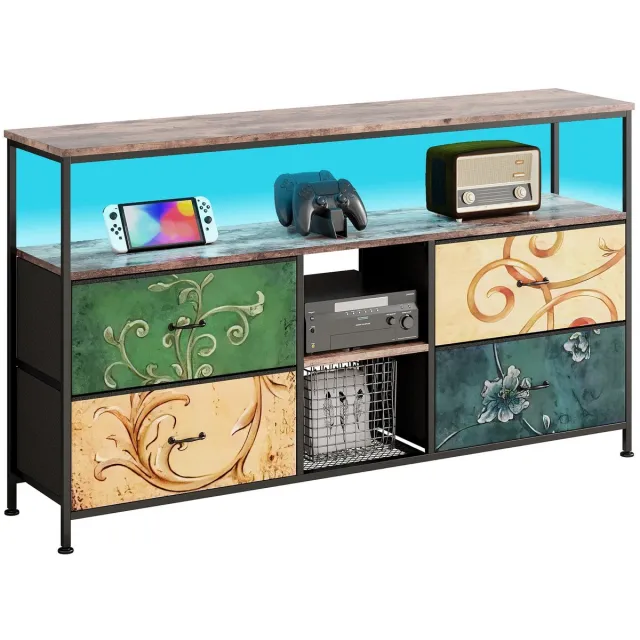 NaevaMi Tv Kast - Dressoir Kasten - Tv Meubel Zwart - Tv Meubel Industrieel - Retro/Vintage - LED Verlichting - 4 Stoffen Lades en 2 Planken - 108x30x78cm Meerkleurig