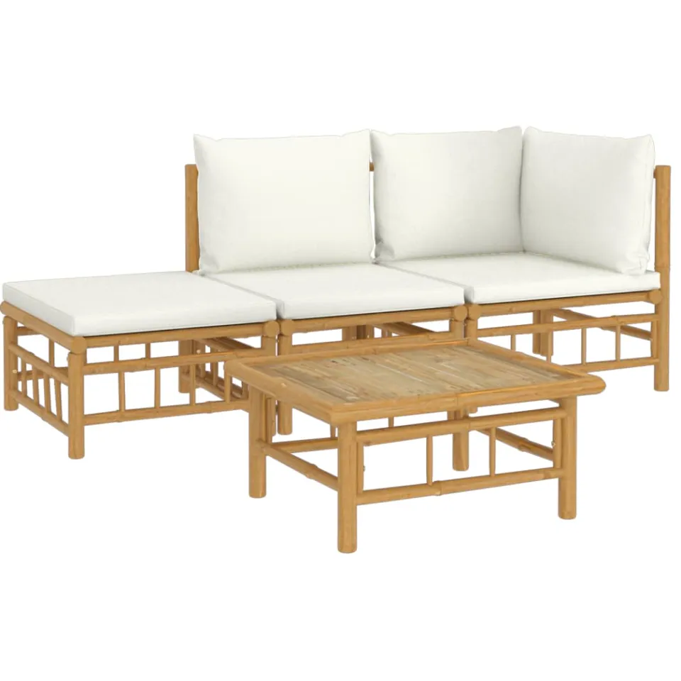 vidaXL 4-delige Loungeset met kussens bamboe crèmewit Bruin
