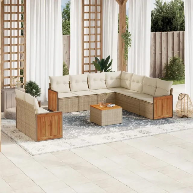 vidaXL 10-delige Loungeset met kussens poly rattan beige, foto 2