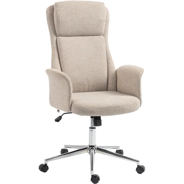 MUVANO Bureaustoel met hoge rugleuning - Chenille bekleding - Vaste armleuningen - 64,5 x 68,5 x 110-120 cm - Draaibaar en verstelbaar - Voor studeerkamer beige