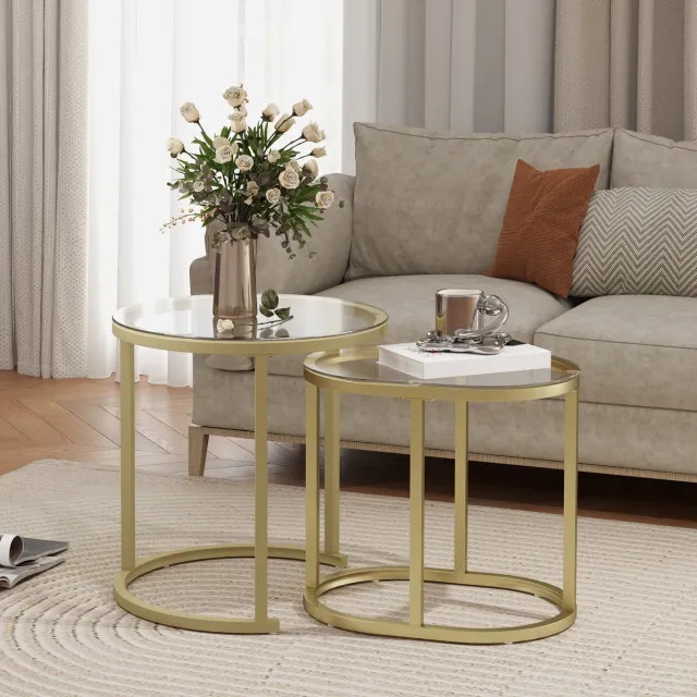 MIVRAY Salontafel Set Van 2 - Stapelbare Tafel Met Stalen Frame En Glazen Blad - Modern Voor Woonkamer En Slaapkamer - Goud - 60 Cm
