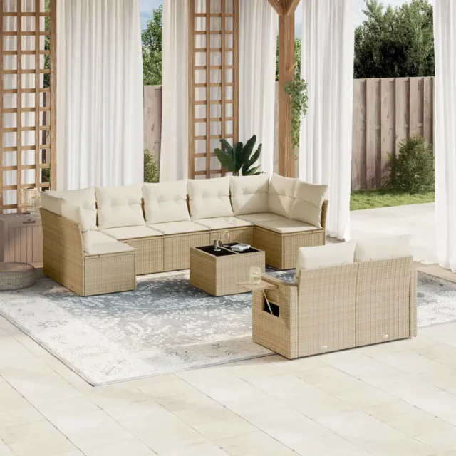 vidaXL 10-delige Loungeset met kussens poly rattan beige, foto 2