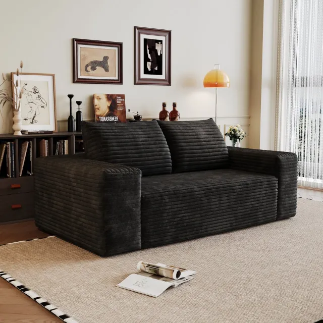 FloraGrace Zitbank 180 Cm - 3-Zits Corduroy Sofa Zonder Montage - Diepe Zitting Voor Woonkamer, Slaapkamer Of Appartement - Stof - Zwart Black
