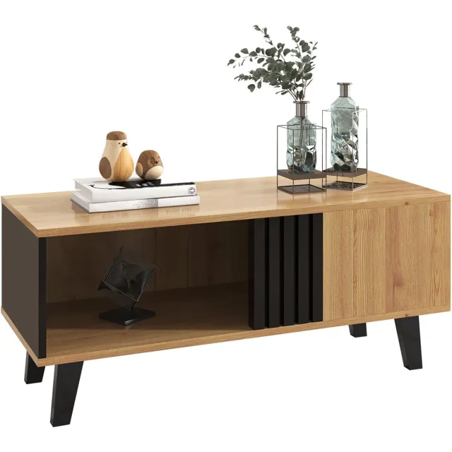 Clruro Salontafel - 100 x 60 x 45 cm - Met Laden - Hout Design - Zwart Naturel