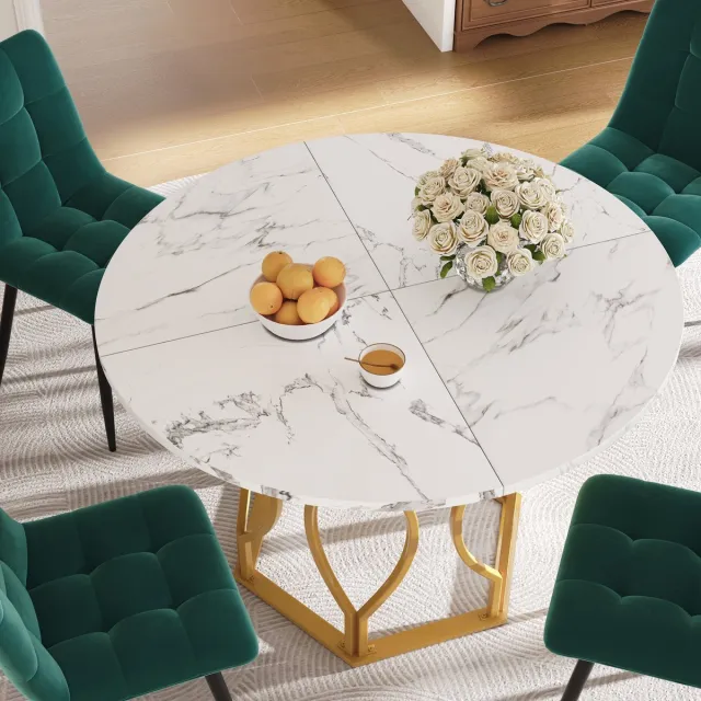 FLIEKS Ronde eettafel 100x100x76 cm - keukentafel - salontafel - marmeren look tafelblad - gouden zeshoekige tafelpoten