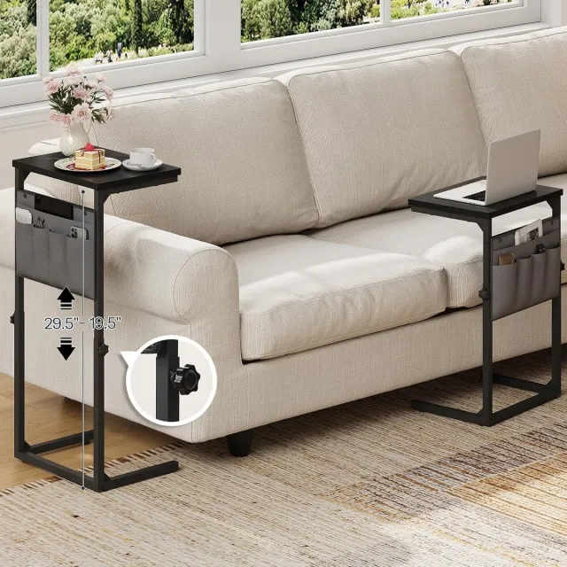 Vellaro Bijzettafel verstelbaar - Zwart - 50-75 cm - C-vormige Salontafel met Oxfordstof Vakken - Voor Woonkamer en Slaapkamer