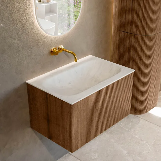 Mondiaz KURVE-DLUX 70 cm Onderkast Greeploos 1 Lade Zonder Deuren Walnut, Wastafel Solid Surface Volledig Opalo 0 Kraangaten Zonder Spiegel (KRVBGS701L0D0KM-Wal/Opa)
