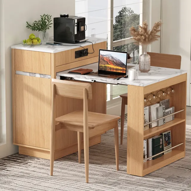 WUVRIE Uitschuifbaar keukeneiland 58-154 cm - Met LED, USB en opbergruimte - Naturel
