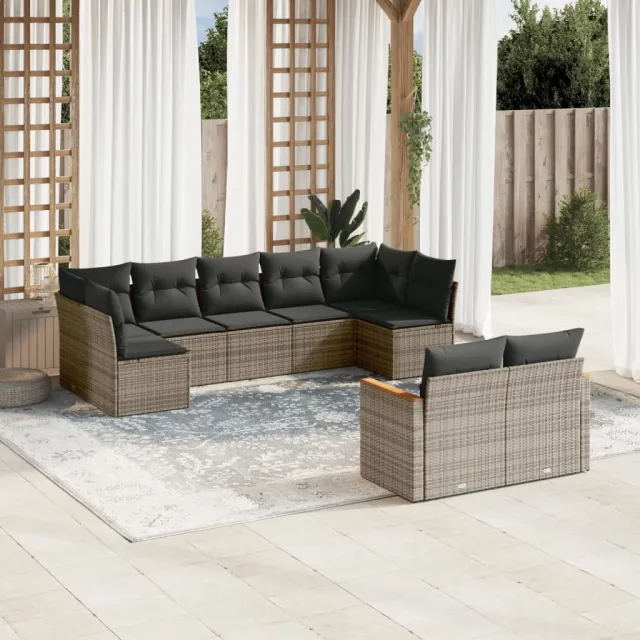 vidaXL 9-delige Loungeset met kussens poly rattan grijs, foto 2