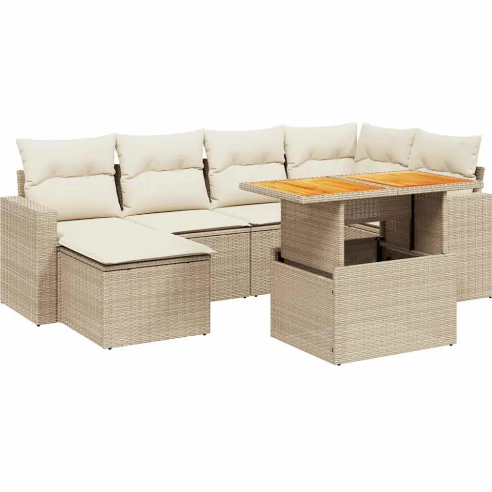 vidaXL 7-delige Loungeset met kussens poly rattan beige, foto 3