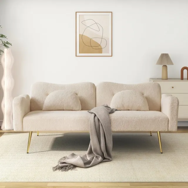 FloraGrace Slaapbank 175 x 79 x 82 cm - 2-Zits Met Verstelbare Rugleuning En Bedfunctie - Voor Woonkamer Of Logeerkamer - Stof En Metaal - Beige