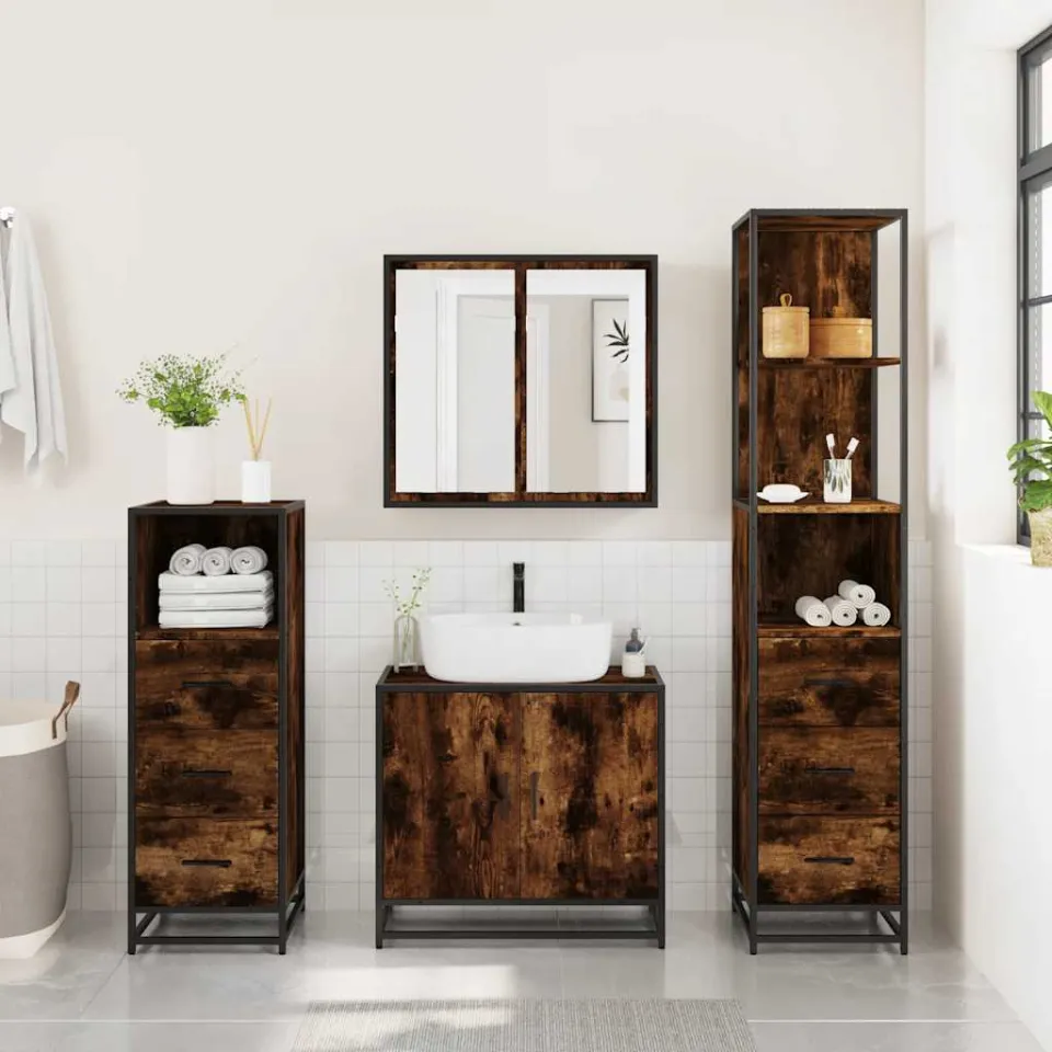 vidaXL 4-delige Badkamermeubelset bewerkt hout gerookt eikenkleurig, foto 2