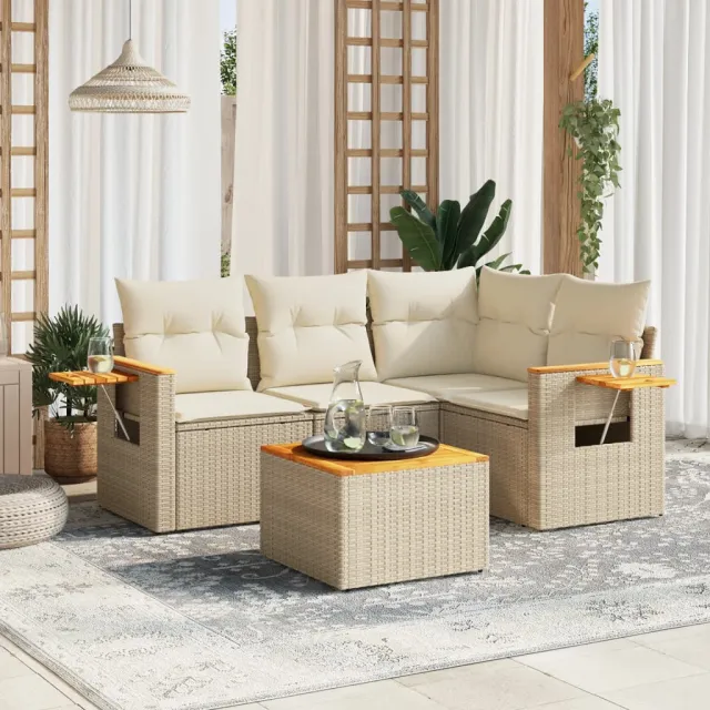 vidaXL 5-delige Loungeset met kussens poly rattan beige, foto 2