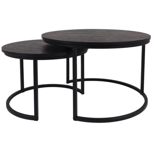 Swiss Homess Swiss Homes® | Salontafel Set van 2 - Hout / Zwart (Black) | Industrieel - Ø60 / Ø 60 / Ø 45 cm - Bijzettafel - Tafel Rond - Woonkamer Tafel - Decoratie Tafel - Salon Tafel - Wandtafel - Koffietafel - Zwart Metalen Frame Zwart | Hout