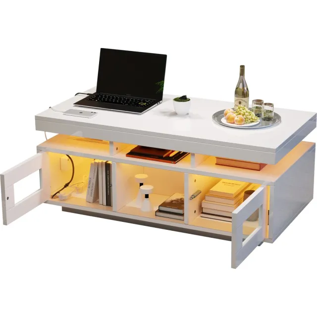 MODFU Salontafel 100 × 50 × 43 cm van witte spanplaat met hoogglans, LED-app, stopcontact en opbergruimte