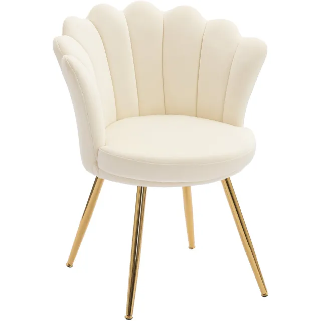 Lunpog Moderne Accentstoel Fluweel, Gestoffeerde Fauteuil met Gouden Metalen Poten, Elegante Kaptafelstoel voor Woonkamer, Slaapkamer of Make-uphoek – Wit Beige/crèmekleurig