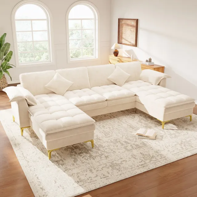 FloraGrace U-bank 4-Zits 262 Cm - Modulair Met Twee Chaise Longues En Kussens - Voor Woonkamer En Slaapkamer - Chenille - Beige