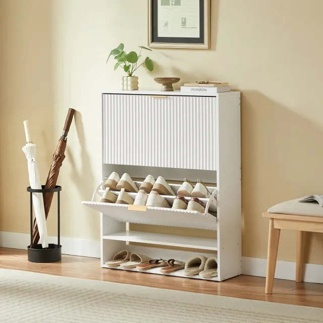 Zubaliya Schoenenkast met groefdesign - 80x24 cm wit - Verwijderbare, verstelbare planken voor 20+ paar schoenen - Kantelbeveiliging, krasvast MDF, open onderste lade - Geschikt als opberger en decotafel voor smalle gangen en entrees