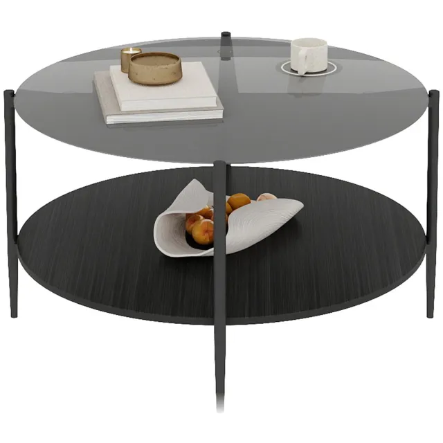 SONNENH Ronde salontafel - Zwart getint glas met houten onderplank - Ø82 x 45 cm Zwart getint glas | Zwart