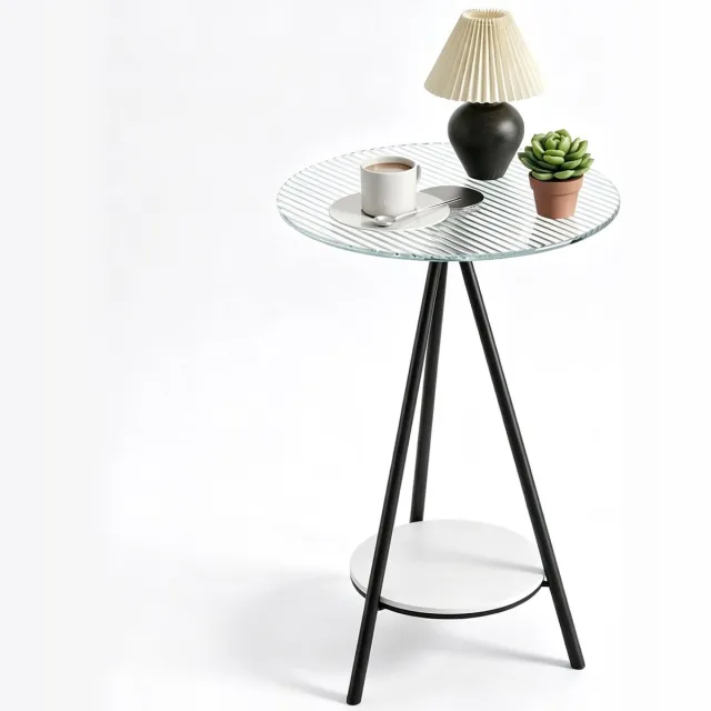 AIMASON Ronde Bijzettafel - 2 Niveaus - Geribbeld Glas - Met Onderblad - Zwart Metalen Frame - Smal Nachtkastje - Voor Bank en Bed - Ø 40 x H 59 cm - Transparant en Zwart