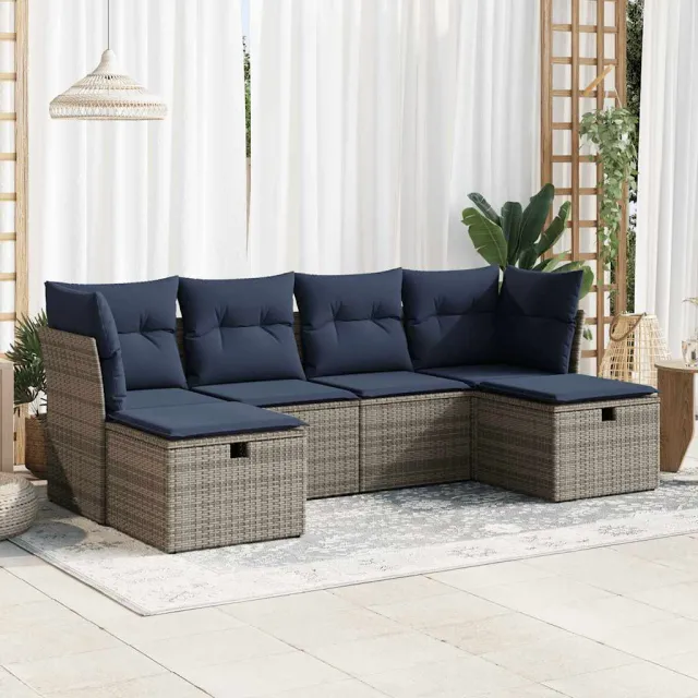 vidaXL 6-delige Loungeset met kussens poly rattan grijs, foto 2