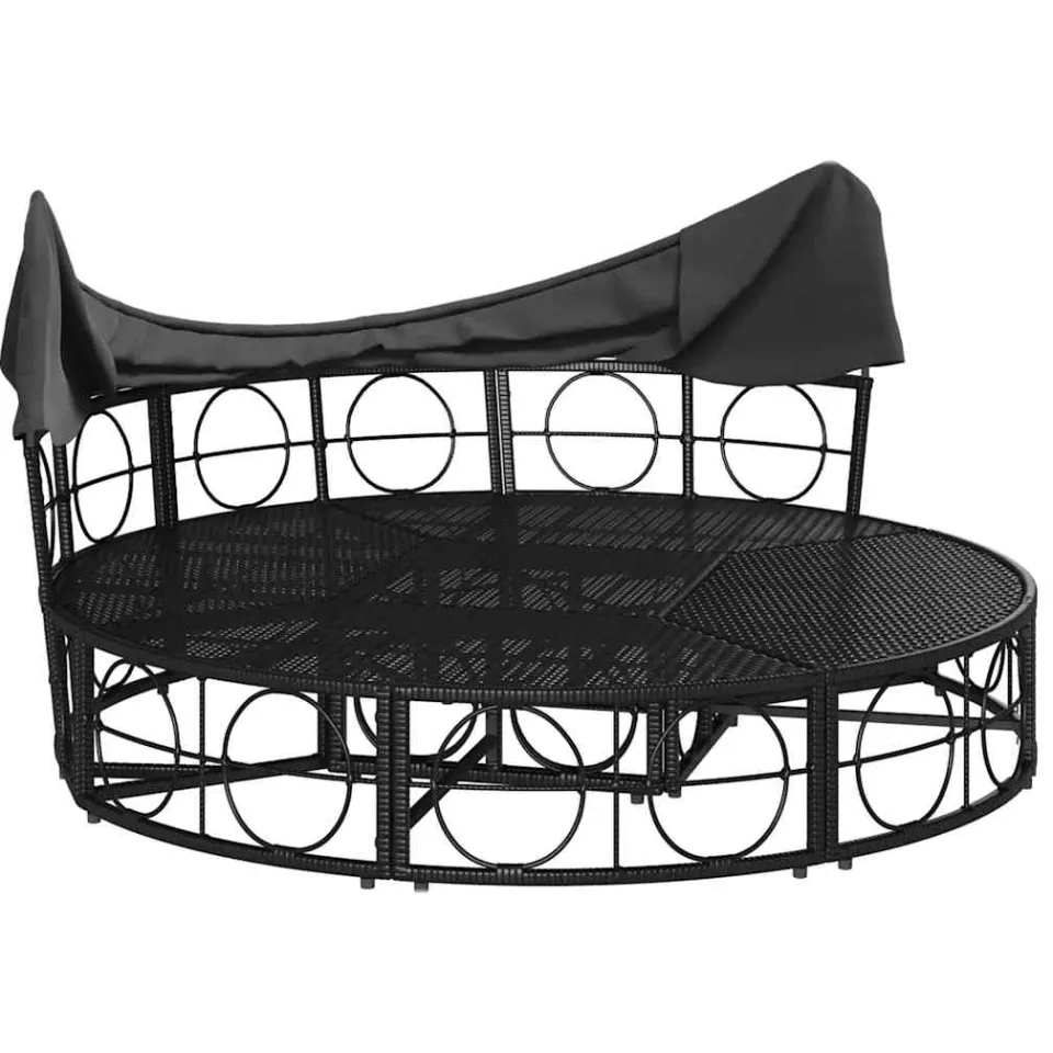 vidaXL Loungebed met luifel en kussens poly rattan zwart, foto 4