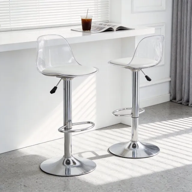 Clruro Barkruk Set - 82-104 cm - Transparante Rug - 360° Draaibaar - Metaal - Zilver Wit + zilver