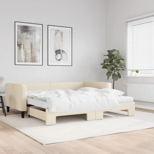 vidaXL Slaapbank met onderschuifbed en matrassen 100x200 cm stof crème