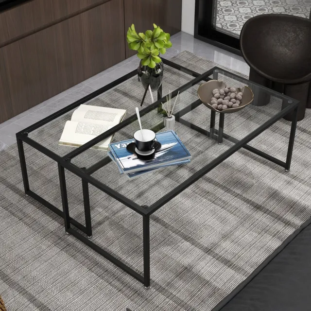 DESMIU Salontafelset - 2 Glazen Salontafels Met Stapelbaar Ontwerp - Voor Woonkamer En Slaapkamer - Staal - 119x56x44,5 Cm - Zwart