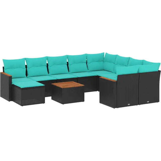 vidaXL 11-delige tuinbankset met kussens, zwart polyrotan