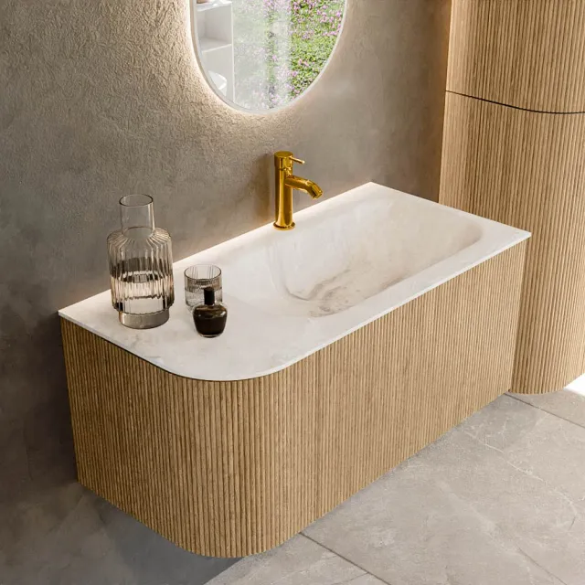 Mondiaz KURVE-DLUX 95 cm Onderkast Greeploos 1 Lade Met Deuren Oak, Wastafel Solid Surface Rechts Frappe 1 Kraangat Zonder Spiegel (KRVBGS95L1L1D1KR-Oak/Fra)