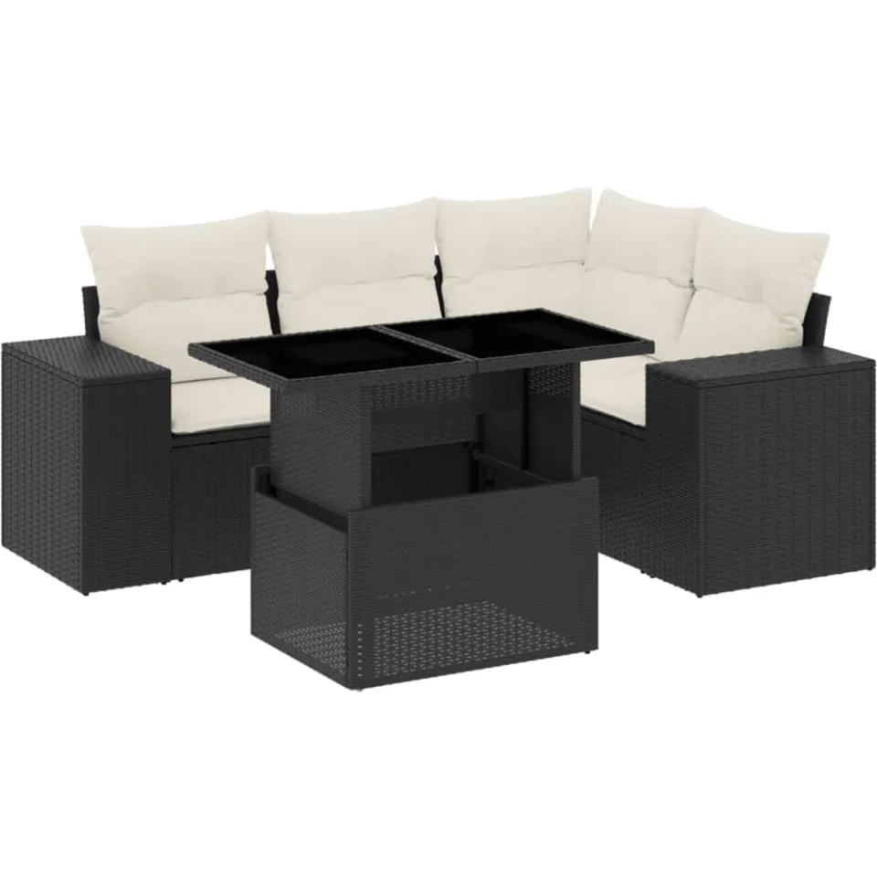 vidaXL 5-delige Loungeset met kussens poly rattan zwart