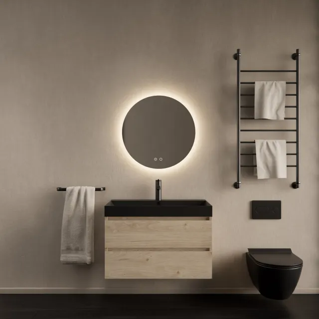 Gliss Design Badkamermeubelset Gliss Design Milan Met Lako Mat Zwarte Wastafel 80 Cm Kastanje Eiken