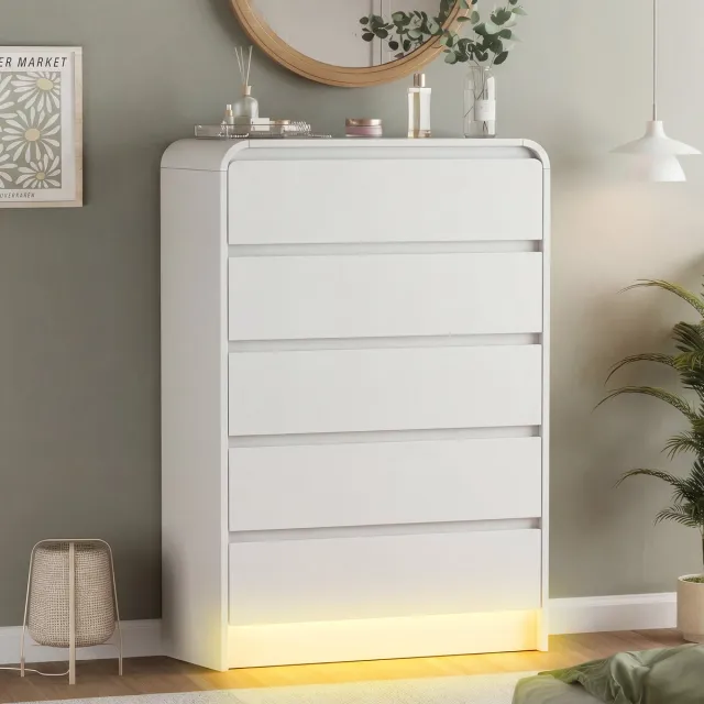 Solvenrik Witte Ladekast 5 Lades – Greeploos – LED Verlichting – Anti-Kantel – Moderne Commode