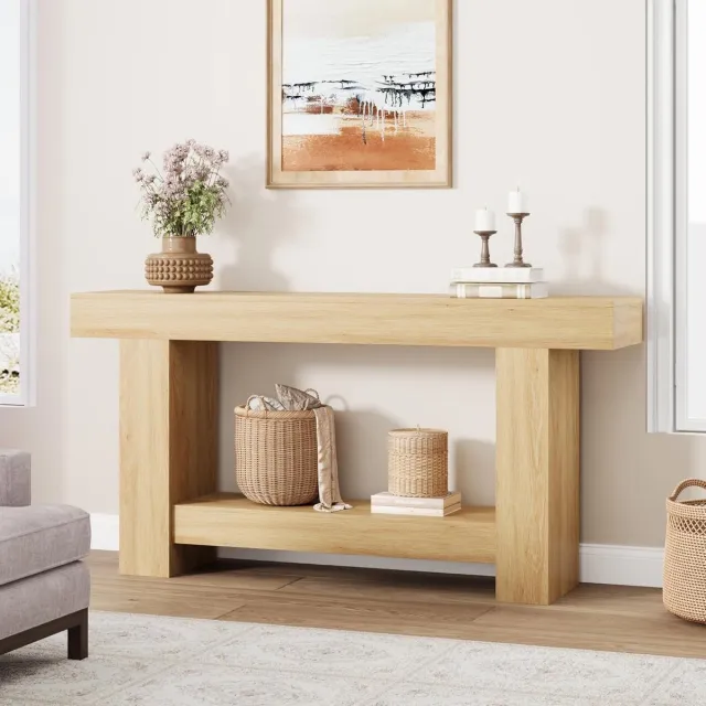 Garvee Haltafel - Bijzettafel - Bijzettafel in landelijke stijl van 160 cm lang - Lange bijzettafel met twee planken en opbergruimte - Bijzettafel in houtkleur - Geschikt voor de woonkamer, hal en gang - 160 × 80 × 30 cm