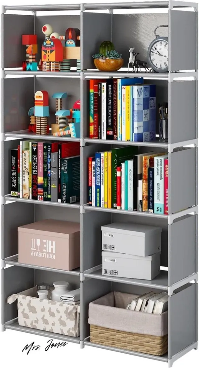 Mrs. Jones 6-laags draagbare boekenplank met stoffen doek aan de achterkant - 10 kubussen kast opbergorganizer voor woonkamer studeerkamer slaapkamer - grijs . multi-color