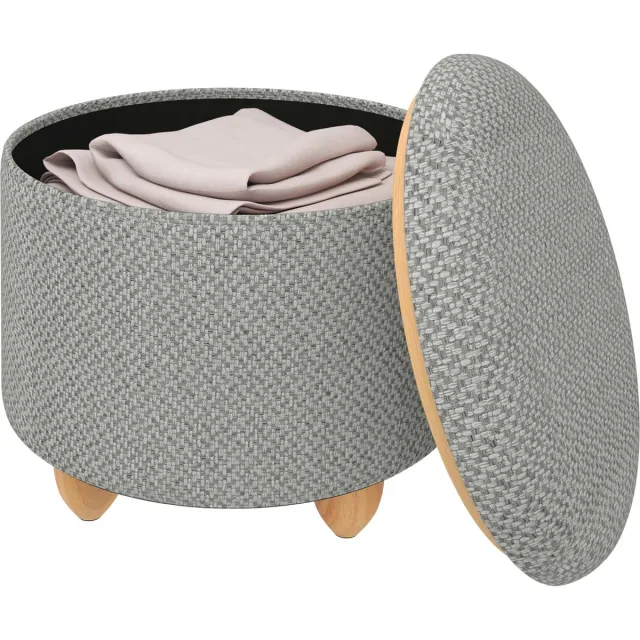 BukkitBow Ronde Opbergpoef – Poef / Zitkist met Deskel - Voetenbank met Opbergruimte - 39x39x33 cm - Grijs