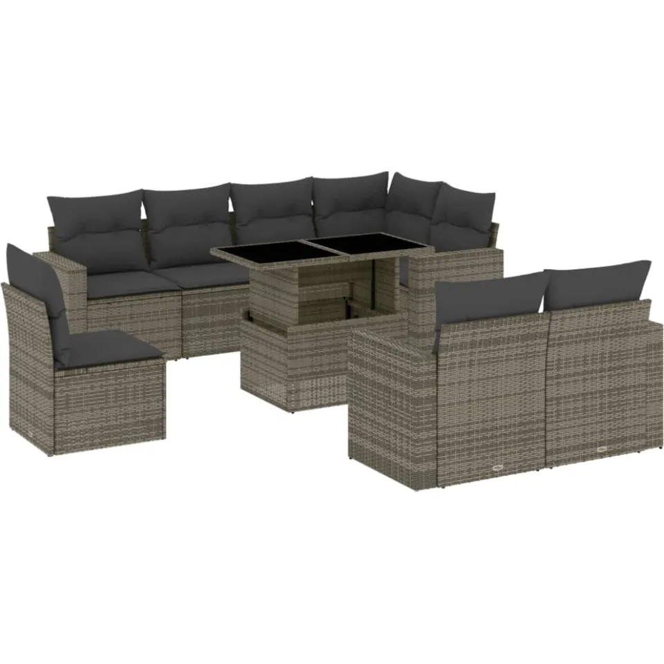 vidaXL 9-delige Loungeset met kussens poly rattan grijs