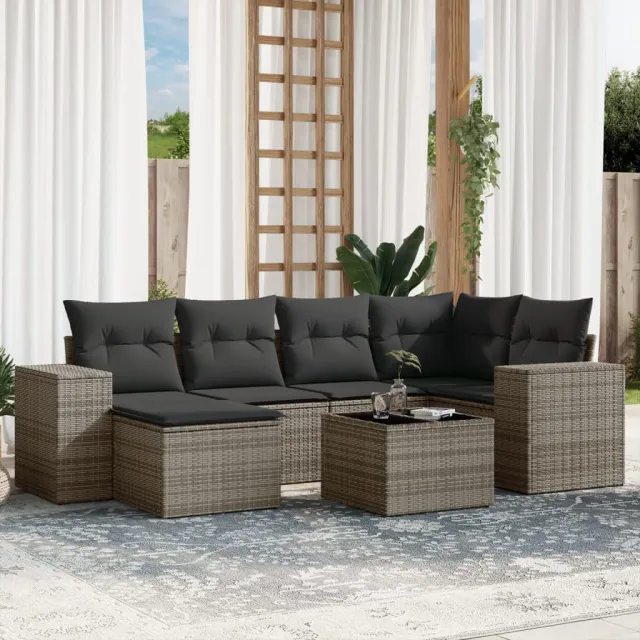 vidaXL 7-delige Loungeset met kussens poly rattan grijs, foto 2