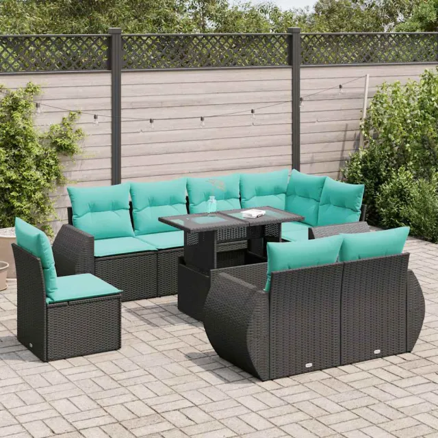 vidaXL 9-delige Loungeset met kussens poly rattan acacia zwart, foto 2