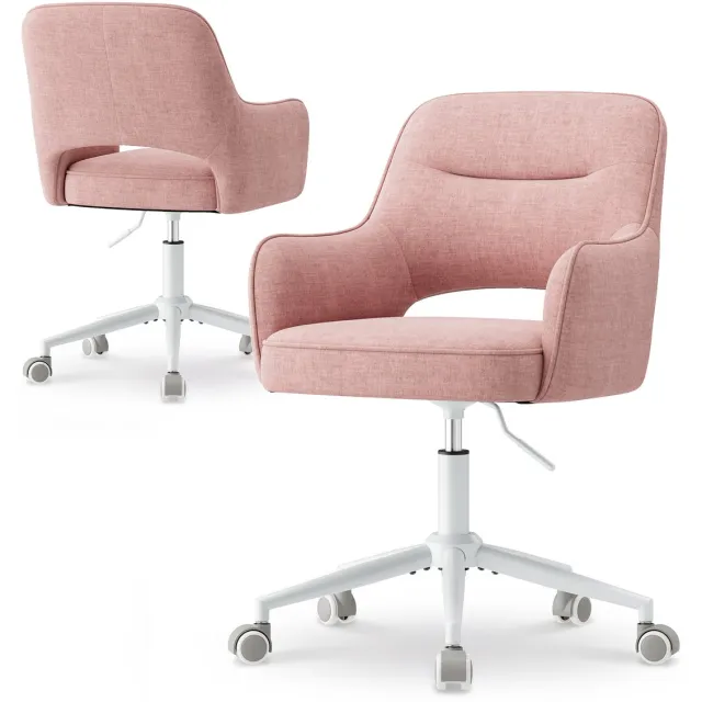COLAMY Ergonomische Bureaustoel - Zachte Fluwelen Bekleding - 360° Draaibaar - In Hoogte Verstelbaar - Comfortabele Dikke Zitting - Metalen Voetkruis - Stille Wieltjes - Roze