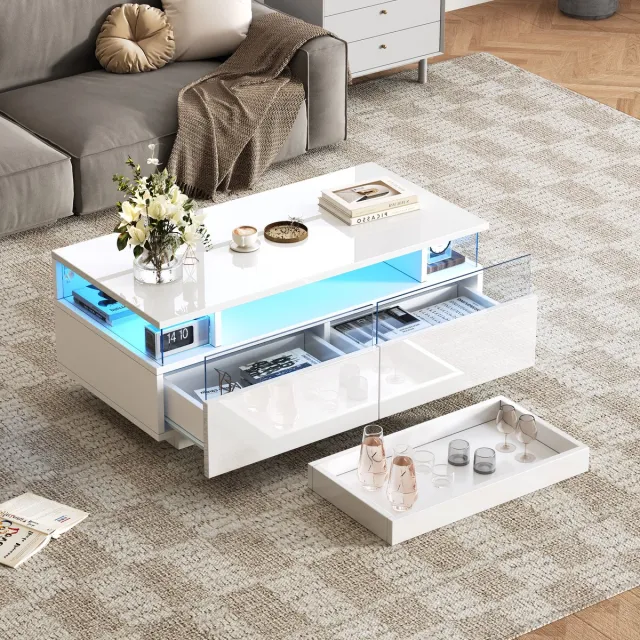 HAUSS SPOLE Salontafel - Hoogglans Met Afneembaar Dienblad En 2 Acryl Lades - LED-App En 50kg Draagkracht - Voor Woonkamer - Spaanplaat - 90x45x35,5 cm - Wit