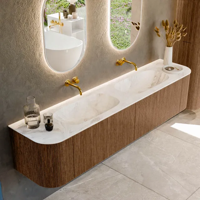 Mondiaz KURVE-DLUX 200 cm Onderkast Greeploos 2 Lades Met Deuren Walnut, Wastafel Solid Surface Dubbel Frappe 0 Kraangaten Zonder Spiegel (KRVSTS200L+R2L2D0KD-Wal/Fra)