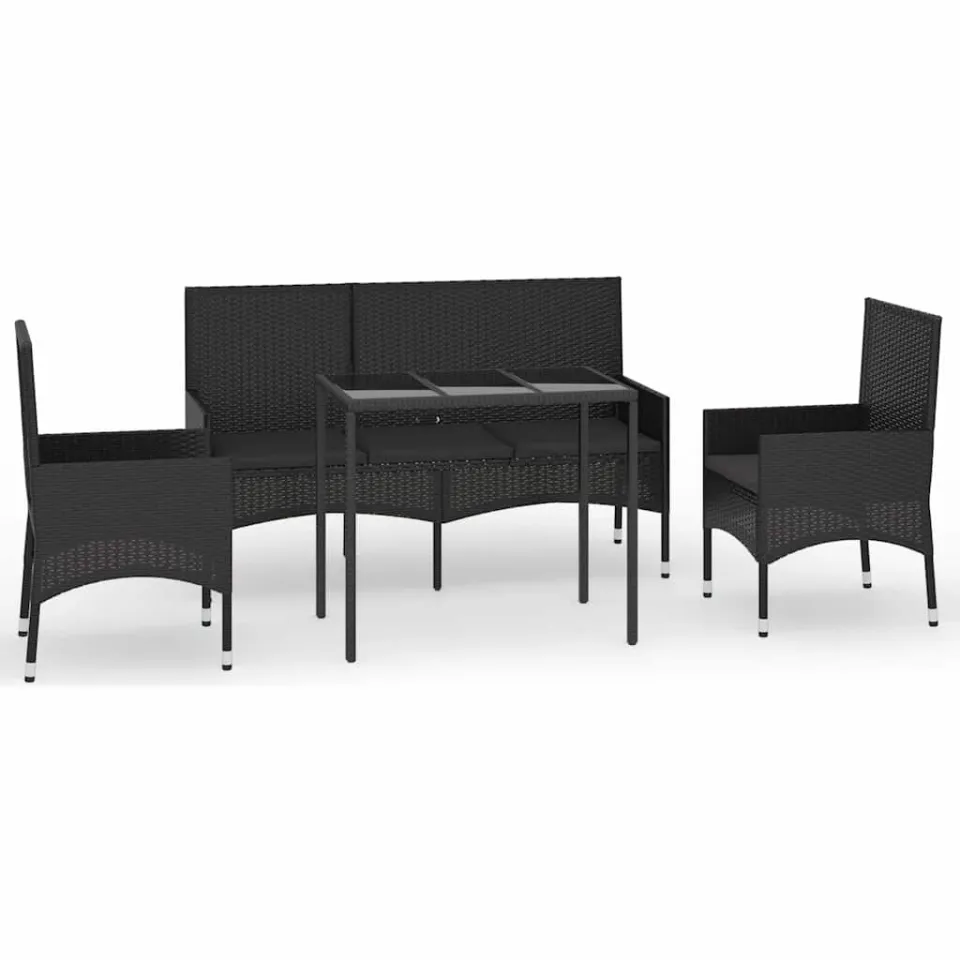 vidaXL 4-delige Loungeset met kussens poly rattan zwart