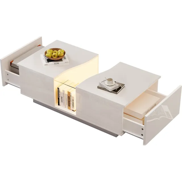 MODFU Salontafel 100 × 50 × 35 cm van MDF, wit hoogglans met hol ontwerp en acrylplaat, LED-verlichting