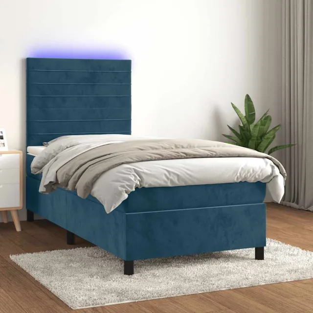 vidaXL Boxspring met matras en LED fluweel donkerblauw 90x200 cm blauw