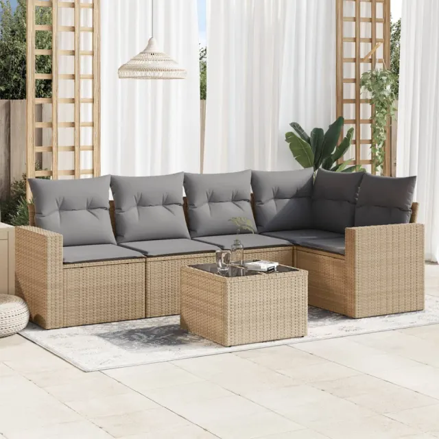 vidaXL 6-delige Loungeset met kussens poly rattan beige, foto 2